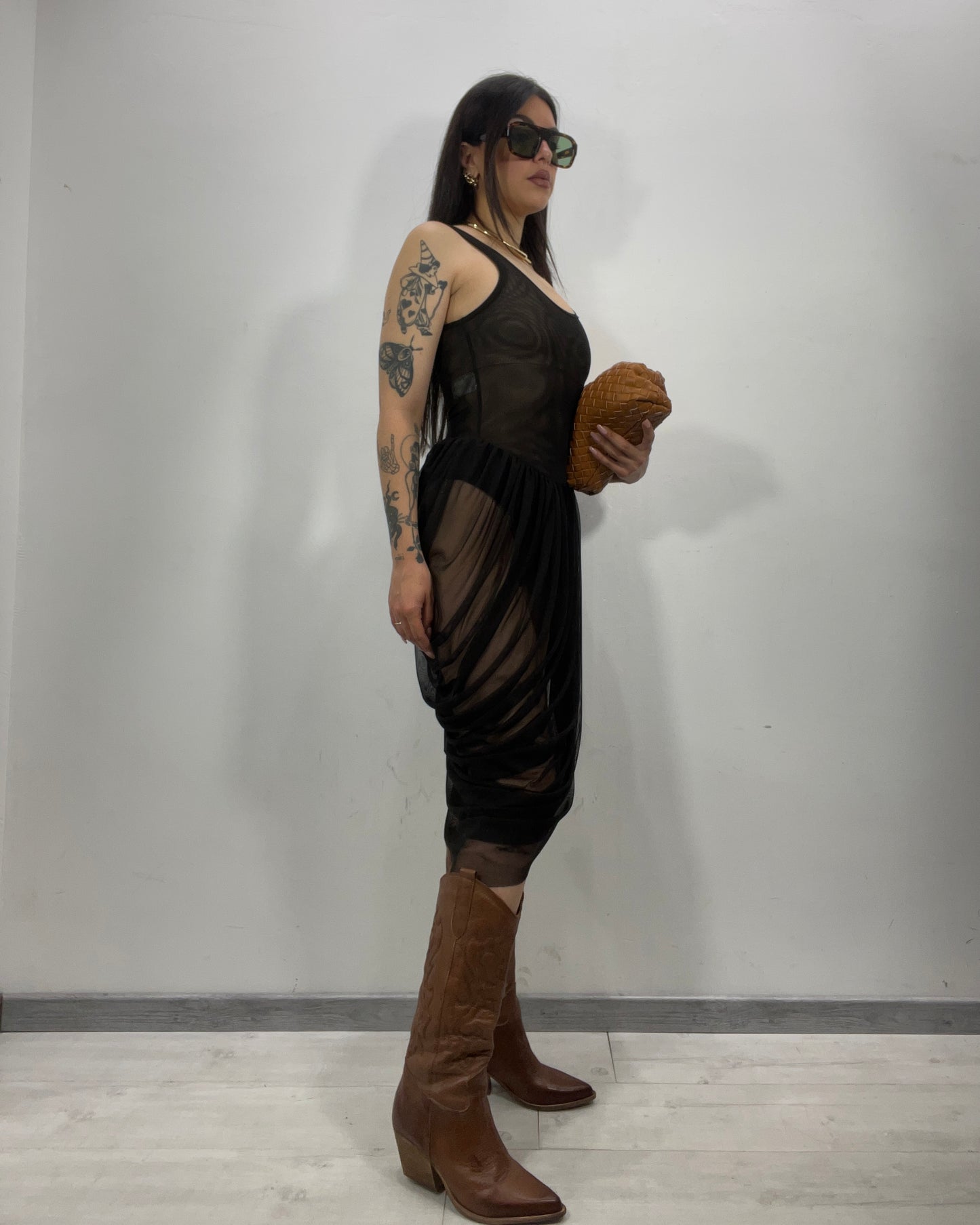 Abito in tulle con drappeggi nero