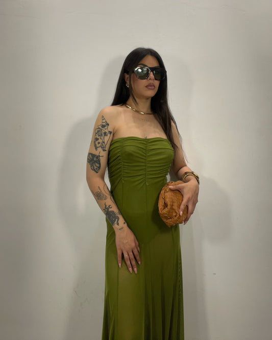 Abito a fascia in tulle green olive