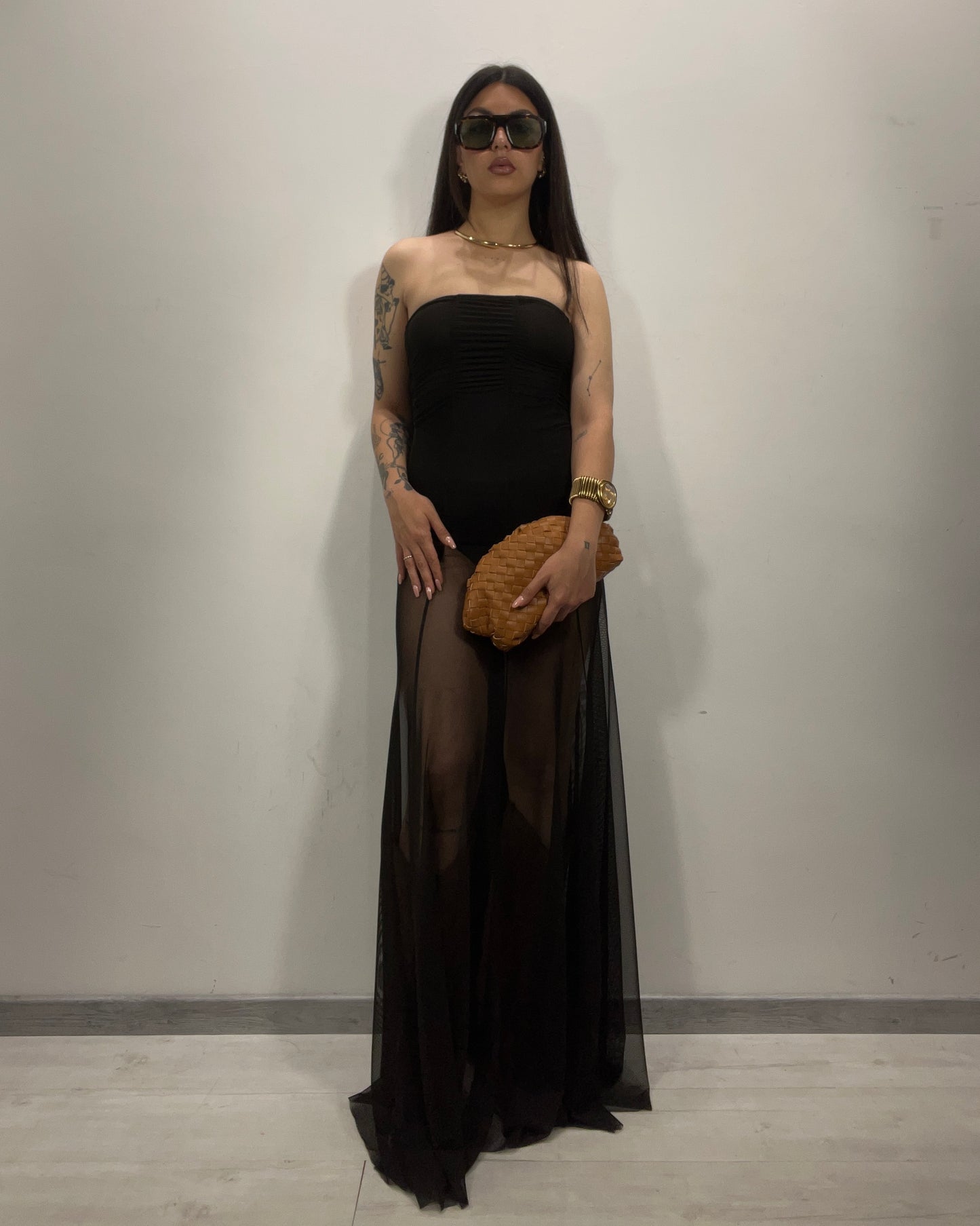Abito a fascia in tulle trasparente nero